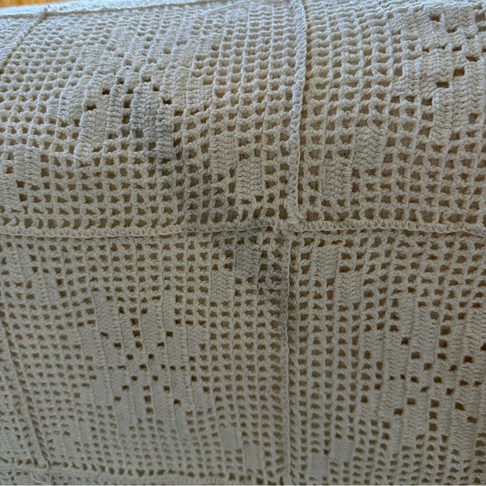 Vintage Crochet Bedspread Crocheted Cover Fringe Off White Twin Size